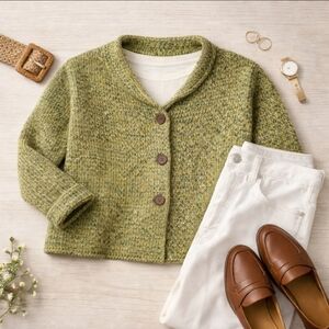 Avalin Made in USA 3-Button Roll Collar Cardigan Sweater Green Slub Knit